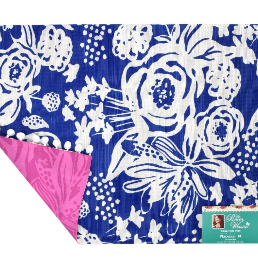 4 Pioneer Woman Placemats Celia Pom Pom 14x19 Reversible Cobalt Blue Pink Floral - Picture 6 of 9